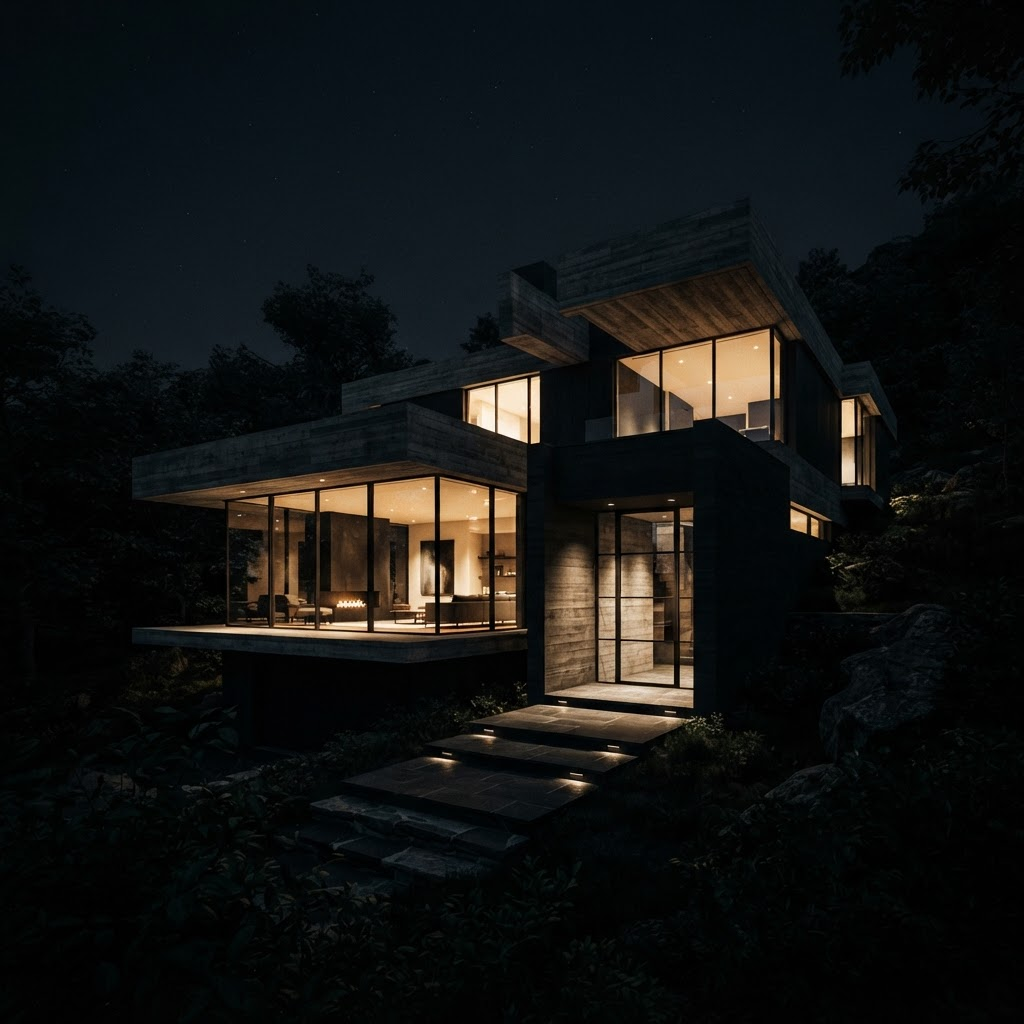 Modern concrete residence at night with warm interior light